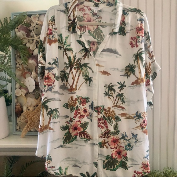 Palm Trees Orchids Old Hawaii Women’s Button Up Top 3X - Picture 1 of 6